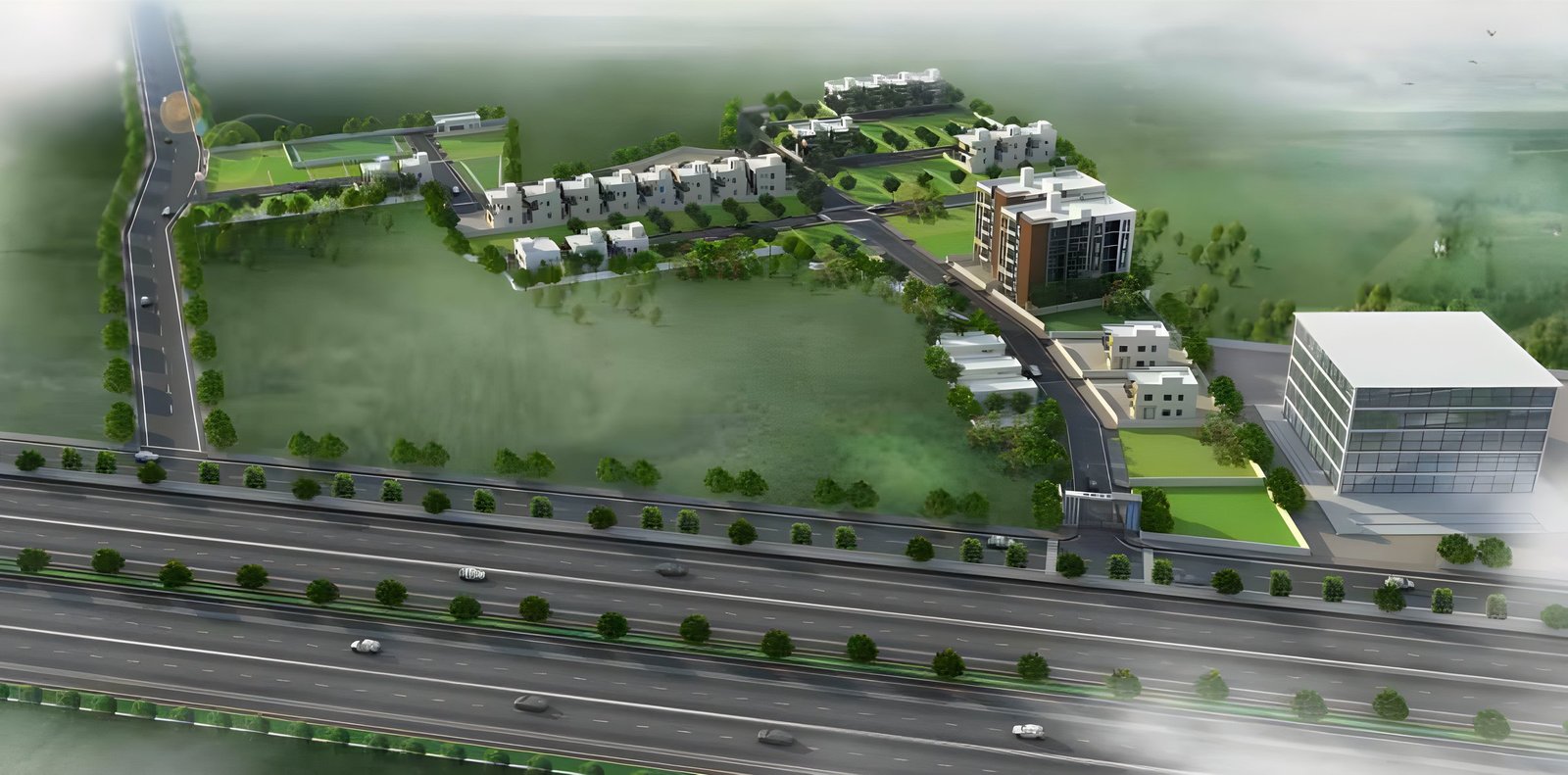 Bird's eye view of Green Planet, with villas, apartments and the clubhouse beside the highway