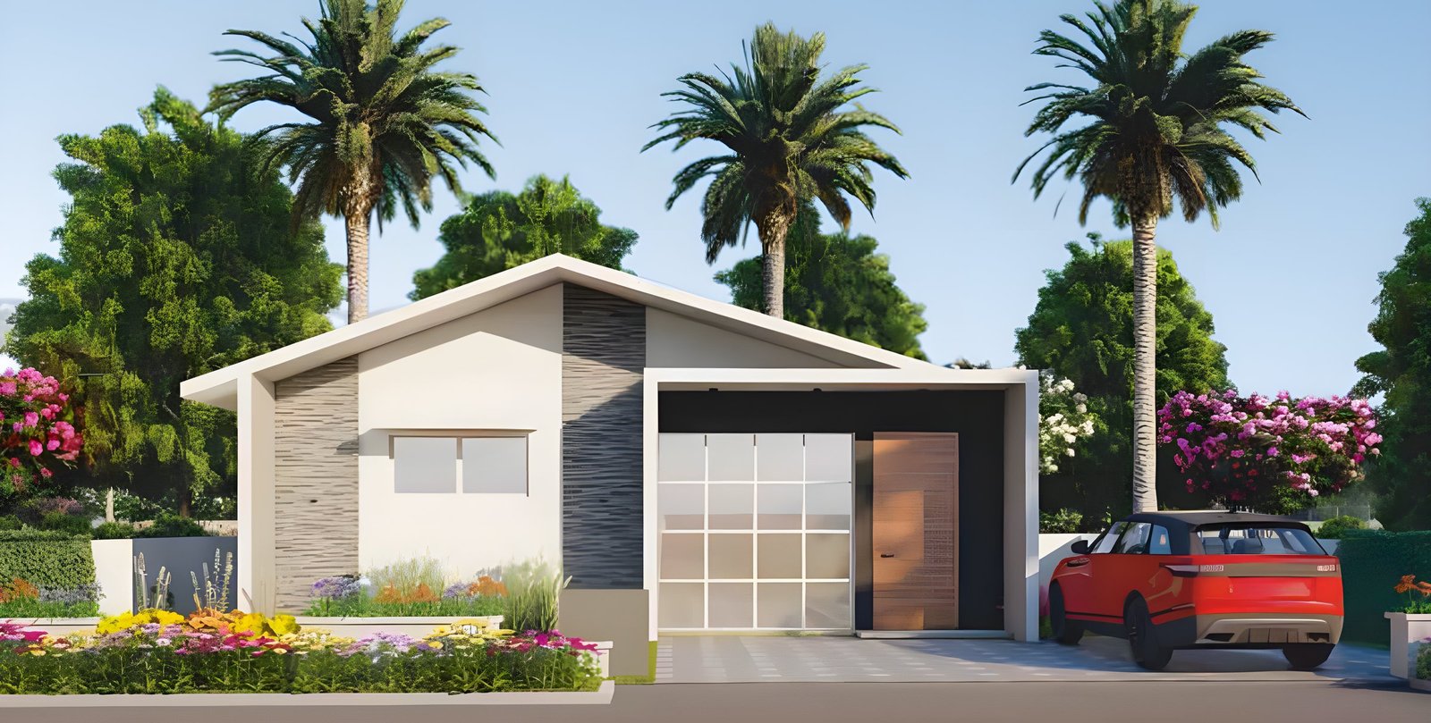 A single-storey weekend home with a garden and palm trees